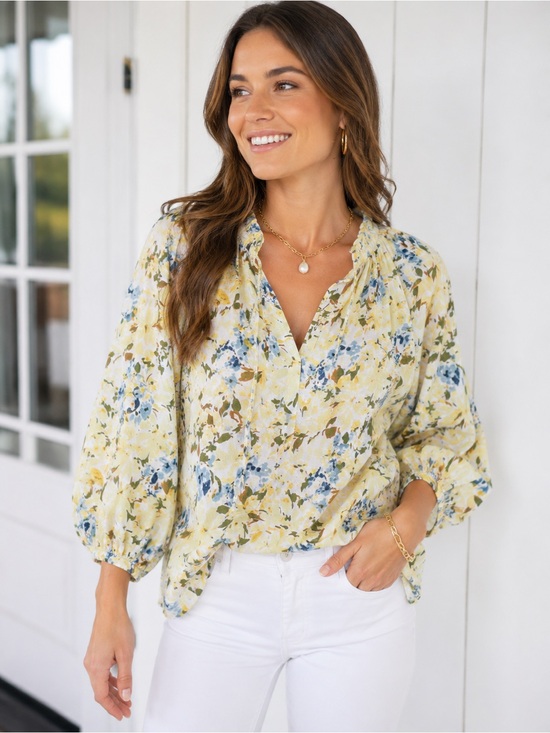 Vineyard Vines Tops - Vineyard Vines Yellow Blue Floral Split Neck Peasant Blouse Size M